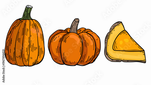 Orange pumpkins and a slice of pumpkin pie, all outlined with black on a white background
