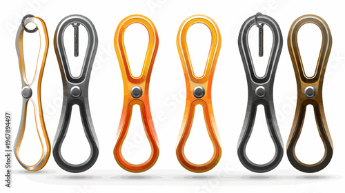 Line of stylized clothespins, metal with springs, orange, gray, and brown isolated on white