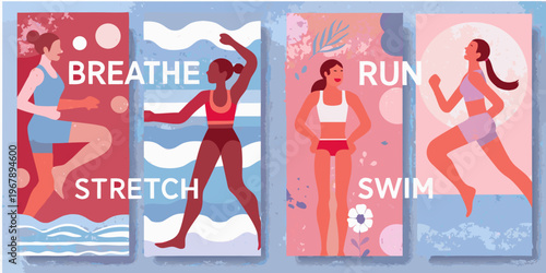 Colorful illustrations depict women exercising with motivational text overlays