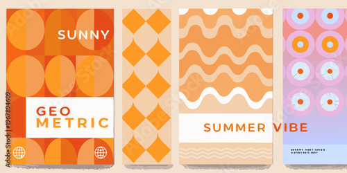 Four colorful geometric patterned panels with text overlays