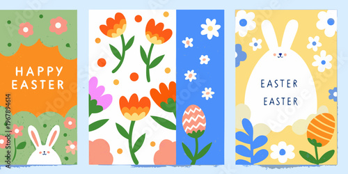 Colorful easter cards featuring flowers rabbits and festive greetings