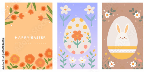 Three pastel vertical panels depicting easter eggs flowers and a bunny