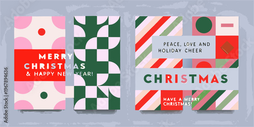 Festive holiday card designs with geometric shapes and christmas greetings