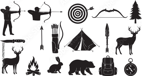 Hunting and camping icons in black silhouette style collection