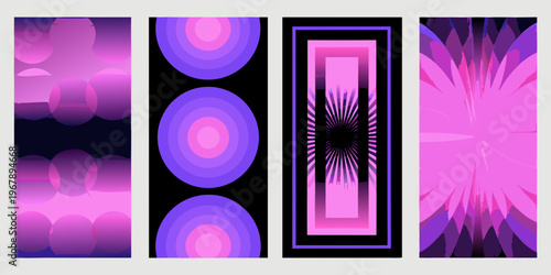 Abstract geometric patterns in vibrant pink and blue hues displayed vertically