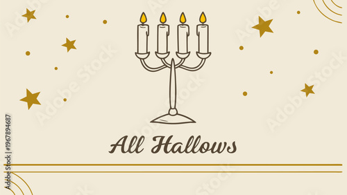 Vintage candelabra with candles and stars, elegant All Hallows typography. Halloween illustration perfect for spooky invitations, gothic decor's designs, and seasonal backgrounds.