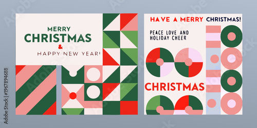 Festive christmas card designs with geometric shapes and holiday greetings