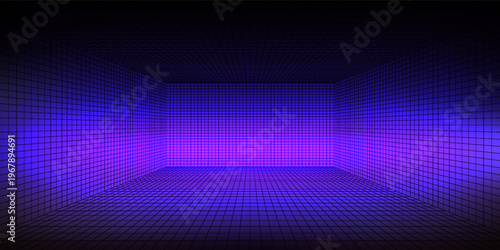 Purple glowing neon wireframe background. Shining checkered vertical grid planes in perspective. Retro futuristic depth wallpaper. Arcade game sci fi matrix surface backdrop for poster, banner. Vector