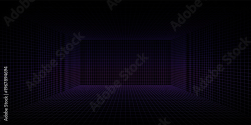 Purple glowing neon wireframe background. Shining checkered vertical grid planes in perspective. Retro futuristic depth wallpaper. Arcade game sci fi matrix surface backdrop for poster, banner. Vector