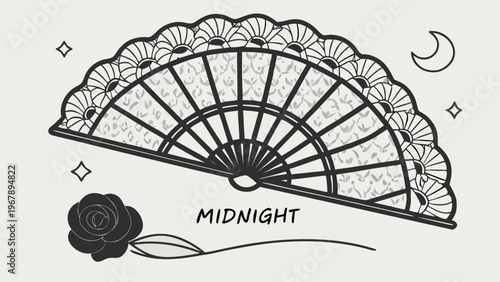 Elegant gothic folding hand fan with decorative lace pattern, moon and roses. Vintage Victorian style illustration perfect for fashion, dark romance, and Halloween designs.