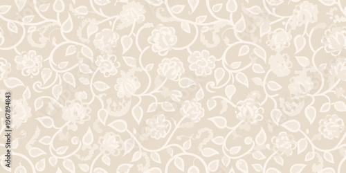 Delicate floral pattern with swirling vines in soft neutral tones