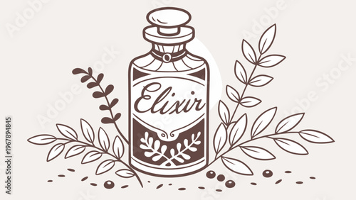 Witchcraft potion bottle labeled elixir with herbs and decorative frame. Vintage apothecary illustration perfect for Halloween, magic themes, labels, and gothic design.