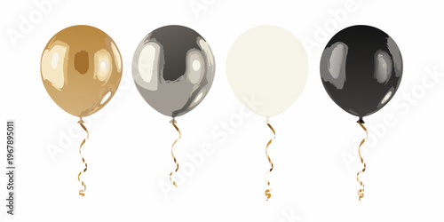 Four oval balloons in gold silver white and black hues