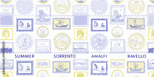 Vintage postage stamps with sailing ships and coastal scenes pattern