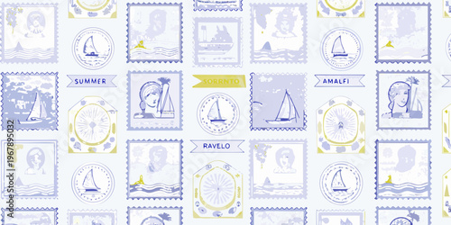 A repeating pattern of vintage style postage stamps with nautical themes
