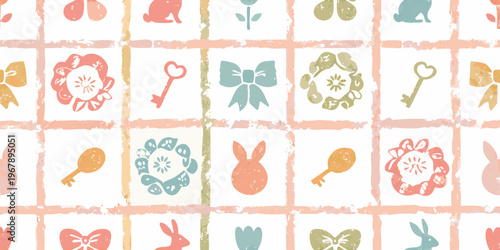 Whimsical easter pattern featuring bunnies flowers keys and bows