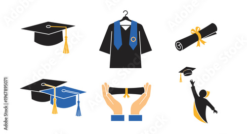 Graduation icons set with caps and diplomas.