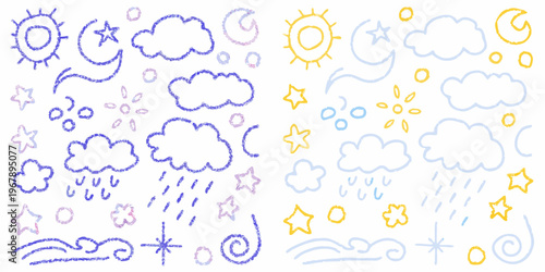 Colorful crayon drawings of celestial bodies clouds and weather patterns