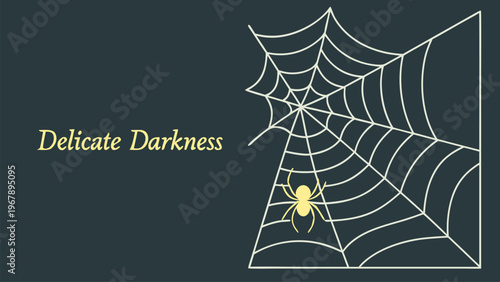 Dark spider web with elegant gothic lettering on black background. Minimal spooky illustration perfect for Halloween cards, gothic branding, and horror themed backgrounds.