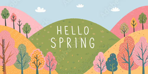A colorful illustration welcomes the arrival of spring with stylized trees