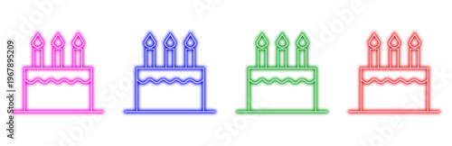 set of colorful neon birthday cake icons with candles for celebration and party design on white background, festive and bright graphic elements for sweet treats
