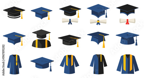 Graduation icons set with caps and gowns.