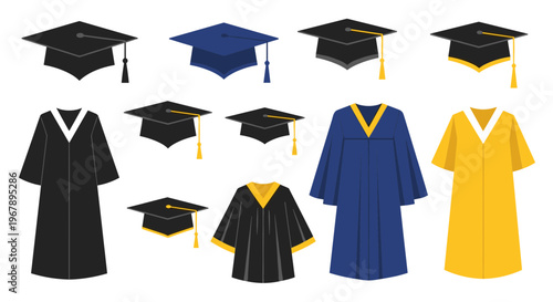 Graduation caps and gowns in various colors.