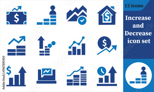 A collection of twelve blue icons representing financial growth investment data analysis and increasing success high quality professional detailed modern elegant stylish clean