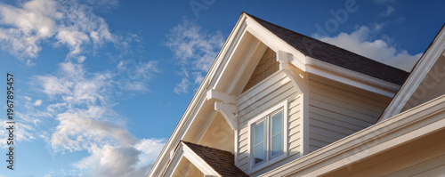 House exterior gable roof vinyl siding white trim residential home blue sky sunny day architecture detail window family house Clean house exterior