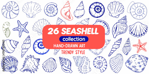 Collection of hand drawn blue line art seashells and starfish