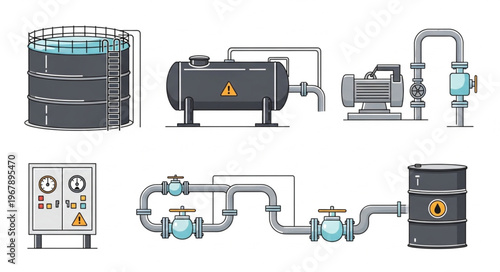 Industrial Oil Refinery Equipment and Processing System Illustration.