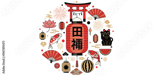 A simple vector illustration of Chinese New Year decorations with lanterns in a festive and colorful style