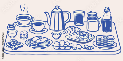 A blue line drawing depicting a breakfast spread on a tray