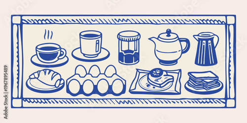 A blue line drawing depicting a breakfast tray with various food items