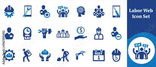 A collection of blue icon set illustrations representing various labor professions tools and concepts related to work and employment high quality professional detailed