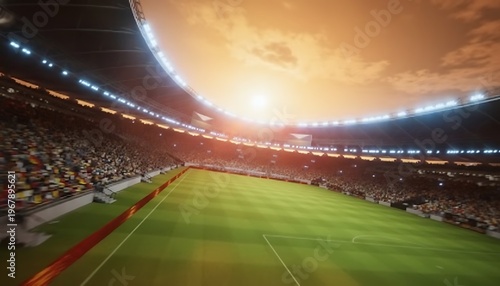 Wide view of a professional soccer stadium with spectators under a dramatic sunset sky
