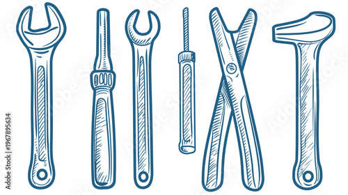 Simple line art illustration of various hand tools in blue on a plain white background