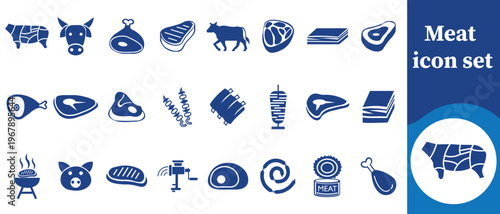 This image displays a comprehensive set of blue icons representing various types of meat products and associated imagery high quality professional detailed modern