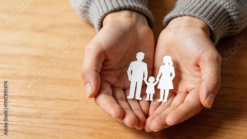 Foto Hands holding paper cutout of family symbolizing protection care love parenting