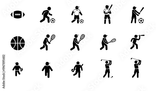 Minimal sports player icon set athlete silhouettes football soccer basketball tennis golf vector isolated on white background