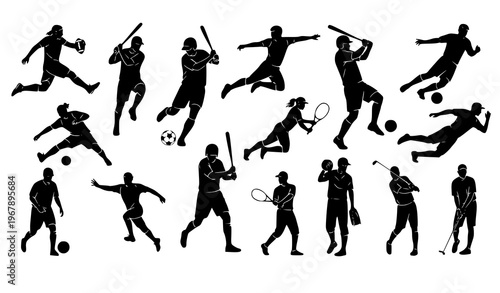 Dynamic sports silhouettes athletes action poses football basketball tennis golf vector isolated on white
