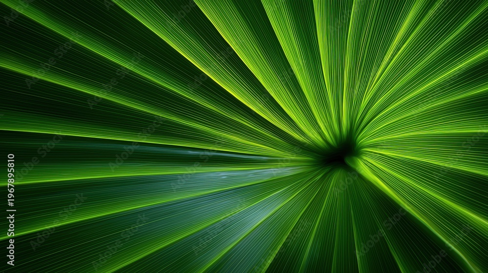 Obraz premium Vibrant green botanical leaf texture forming intricate circular radial patterns with dynamic lighting effects