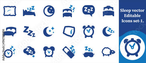 A collection of blue sleep related vector icons depicting beds pillows dreams and sleepiness arranged on a white background high quality professional detailed