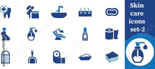 A collection of blue icons representing various aspects of personal hygiene skincare and health related services and products high quality professional detailed modern