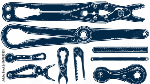 Stylized blueprint rendering of assorted tools, depicted in dark blue tones on a white backdrop