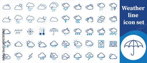 A collection of diverse thin line weather icons depicting various atmospheric conditions including sun clouds rain and snow high quality professional detailed modern