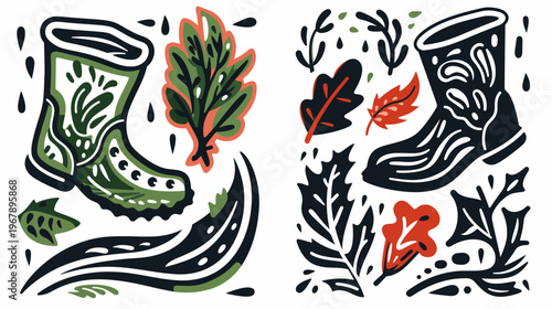 Graphic illustration of rain boots and leaves, arranged into a pair of blocky designs