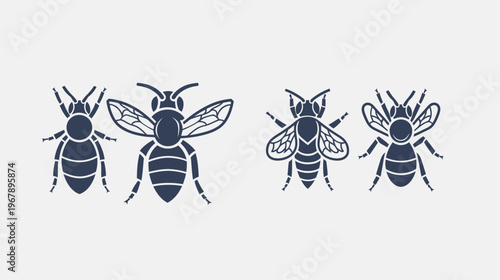 Four dark vector bees face different directions, wings and bodies outlined in white
