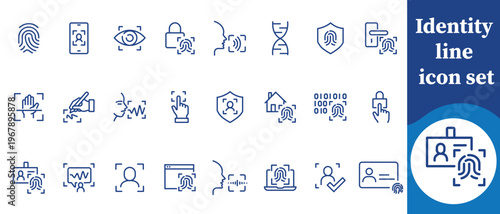 A collection of blue line icons representing identity verification security biometrics and data protection concepts high quality professional detailed modern elegant stylish clean