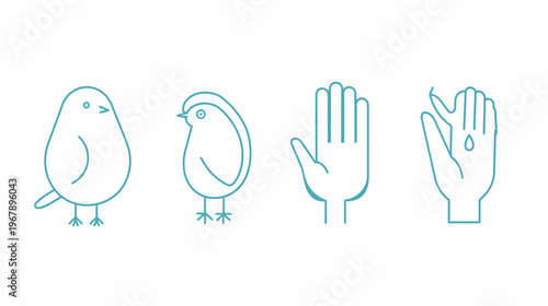 Teal line art of two birds and two open hands on a solid white background